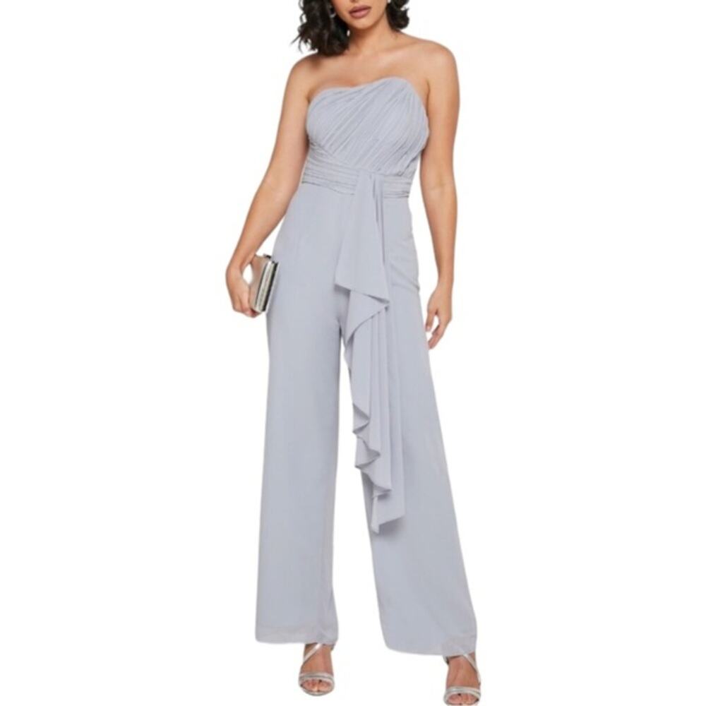 Lavish Alice Pleated Asymmetric Wide Leg Jumpsuit in Blue Gray Size 4